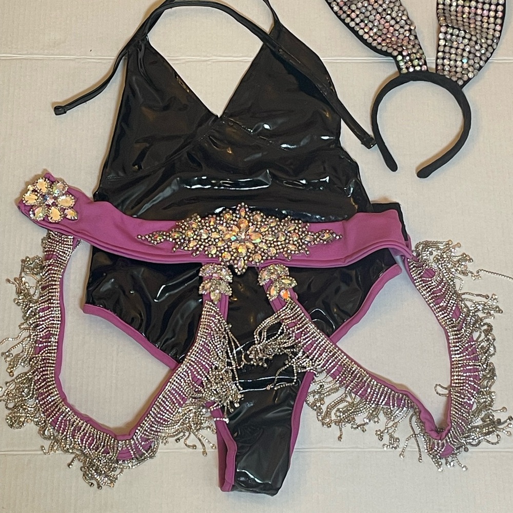 Black and Pink Embellished Bodysuit with Headband